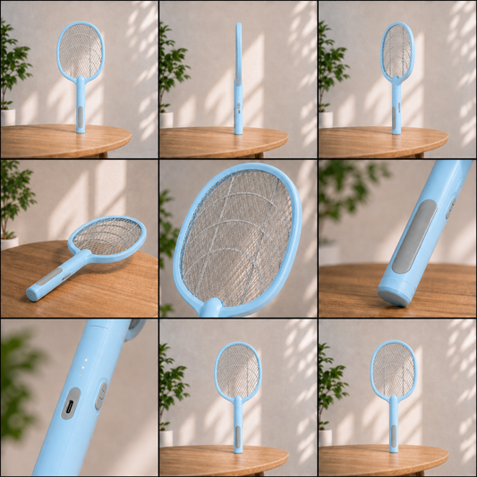 Sky Blue USB Rechargeable Electric Mosquito Racket with Safety Mesh